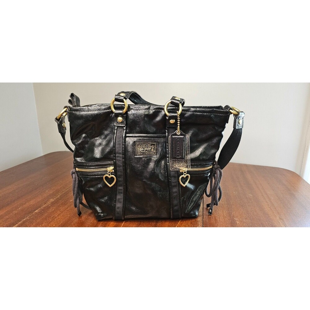 Coach Poppy Daisy Liquid Glass Pocket Tote Black 2 Way Handbag J1271-F20047